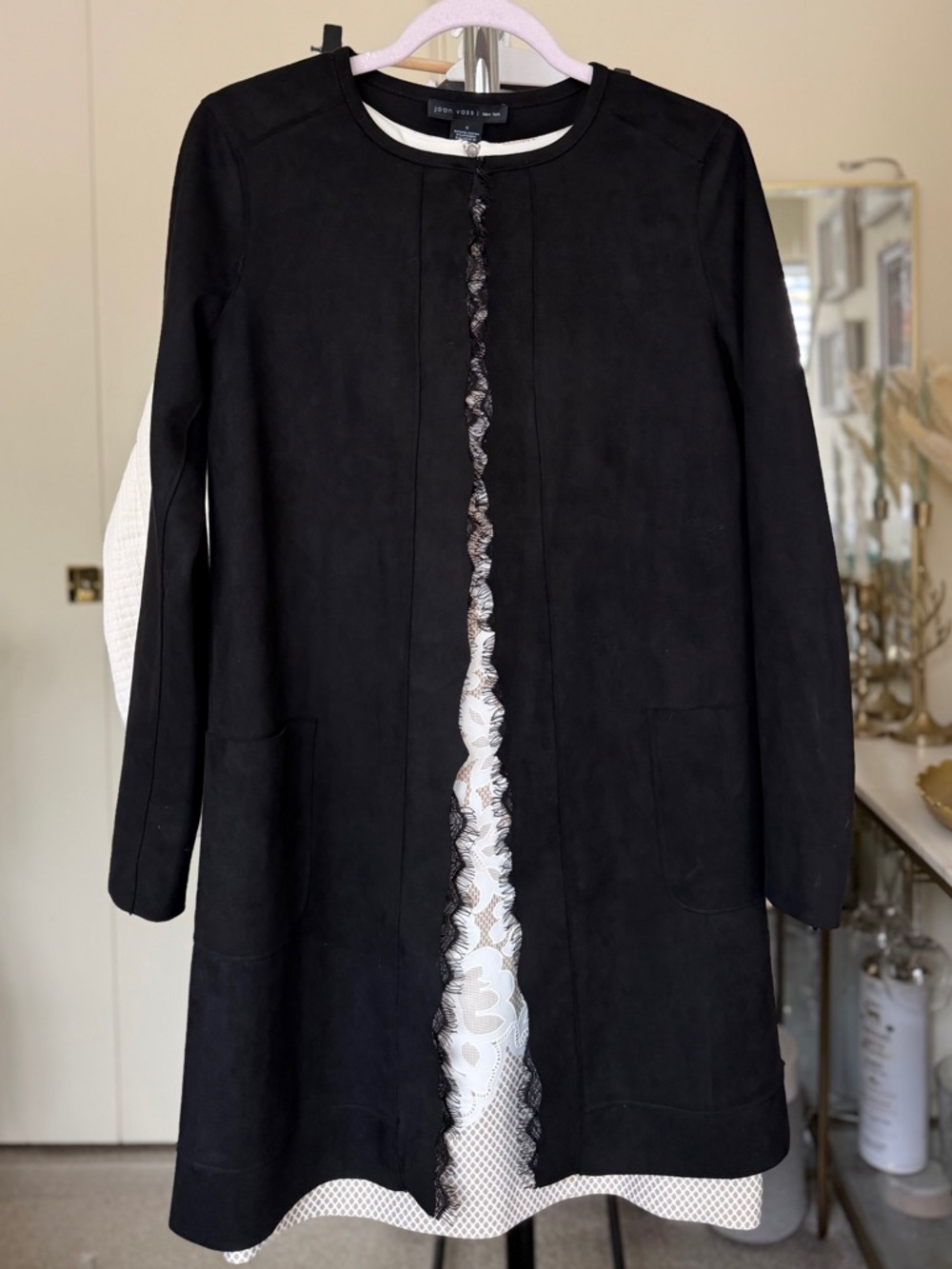 Joan Vass New York Black Lace-Trim Faux Suede Jacket